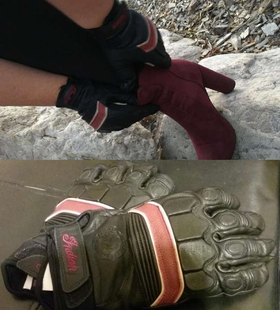 Indian Women's Review, A Women pulls up her red leather high heeled boots wearing a pair of black leather gloves with red and white stripes. Pictured Below is a pair of the same gloves on display.