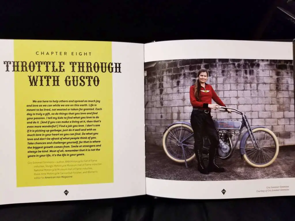Page 143, Cris Commer next to her vintage motorcycle.