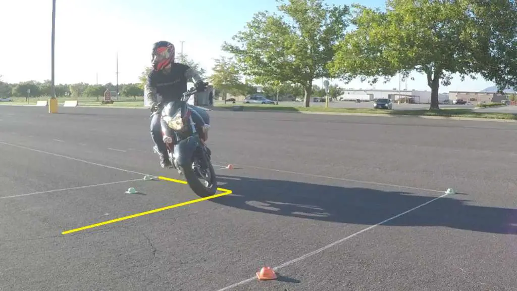 A rider leans into a right-hand turn with clear counterweighting posture, facing the camera. Yellow highlight lines describe the width of the turn, significantly shorter than the previous picture. 
