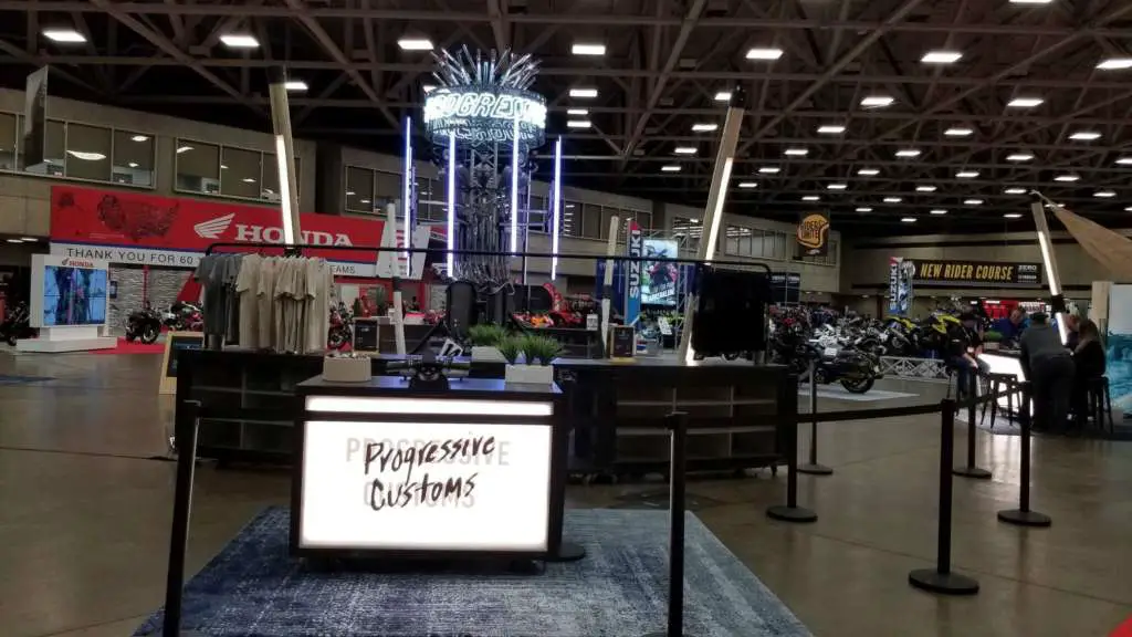 The custom bike show booth at IMS 2020.