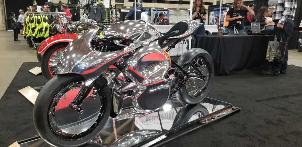A highly custom bike is pictures, with body panels plated in chrome.