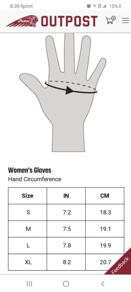Glove sizing chart by Indian Motorcycle.