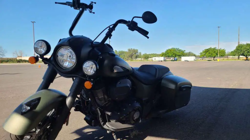 2020 Indian Springfield Dark Horse Parked in the shade in an expanse of asphalt
