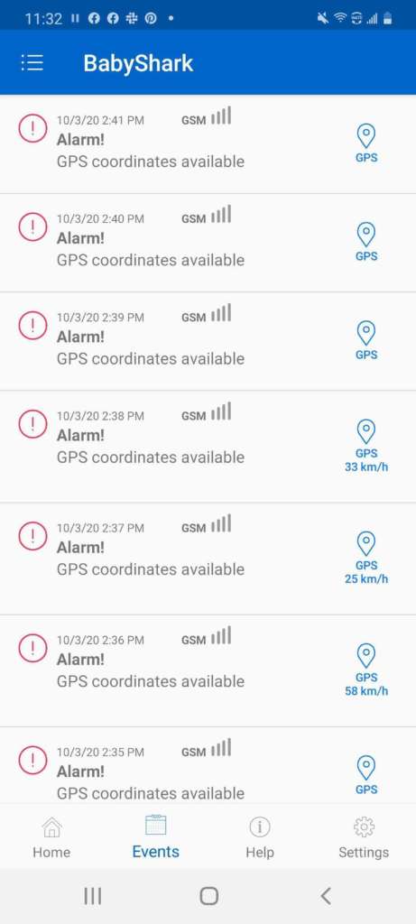 Pictured is a screen grab from the Monimoto app, showing multiple notifications with a GPS tag available. 