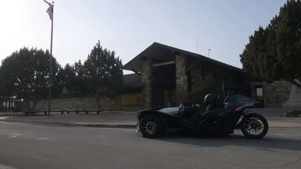 The improved 2021 Slingshot S pictured in the parking lot of the Golden Spike Visitors Center at Promontory Point, Utah.